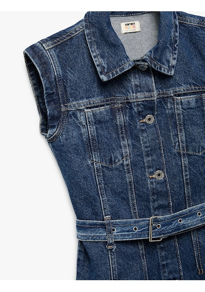 Koton Pamuklu Kemer Detaylı Gömlek Yaka Denim Elbise Orta İndigo 5skg80026ad İndigo