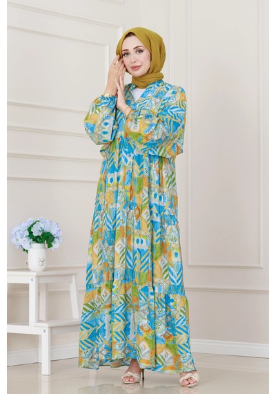 Sevitli Etnik Desen Robalı Elbise-mavi-5251 Mavi