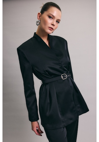 Sateen Lisa Kemerli Saten Ceket - Siyah-136929 Siyah