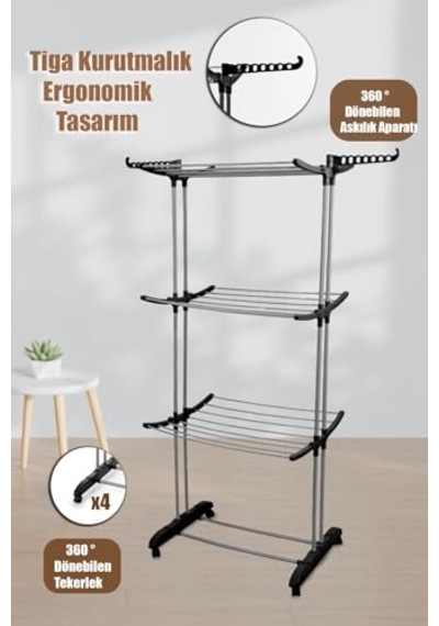 Doğrular Perilla Tiga 3 Katlı Tekerlekli Çamaşır Kurutmalığı 40 x 19