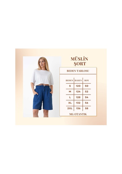 The Voler Müslin Şort Kadın Yüksek Bel Oversize Rahat Kesim Cepli %100 Pamuklu Yazlık Şort Mavi