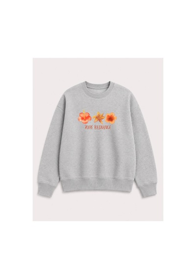 Herkesemoda Turuncu Çiçekler Baskılı 2 İplik Şardonlu Bisiklet Yaka Sweatshirt Gri