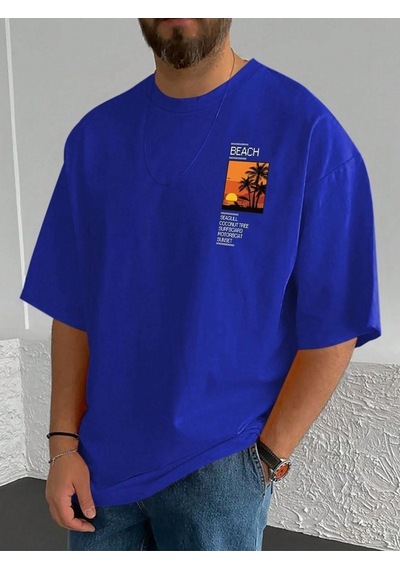 Beach Logo T-shirt - Lacivert Baskılı Oversize Bisiklet Yaka Kısa Kol Lacivert