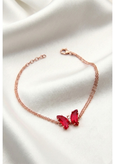 Çekirdekjewelry 925 Ayar Gümüş Rose Gold Kaplama Kırmızı Kelebek Detaylı Şık Bileklik Pembe