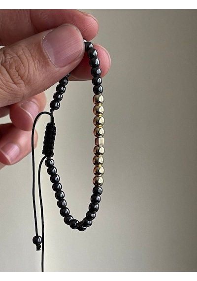 Füme Renk Hematit Taşlı 14 Ayar Kare Detaylı Altın Bileklik Taşlı Altın Bileklik Altın - Koyu Mavi