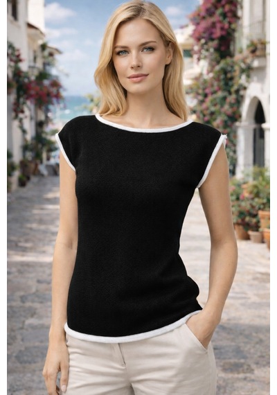 Aqefashion Kadın Kayık Yaka Sosis Yaka Yarasa Kol Beyaz Detaylı Modern Basic Özel Tasarım Siyah Triko Bluz