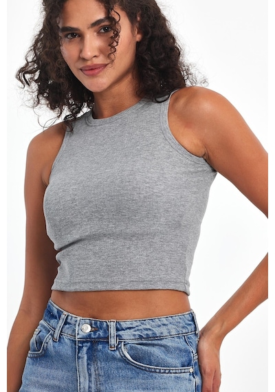Comeor Kadın Gri Fitilli Görünümlü Askılı Kalın Esnek Örme Basic Crop Atlet Bluz Cmrb93