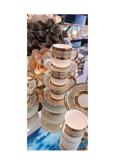 Lenora Yaldızlı Kabartma Desenli Porselen Kahve Fincan Takımı Beyaz