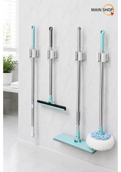 Mainshop 4 Lü Ekonomik Paket Mop Süpürge Tutucu - Yapışkanlı Delmesiz Paspas Askısı M-310 Beyaz