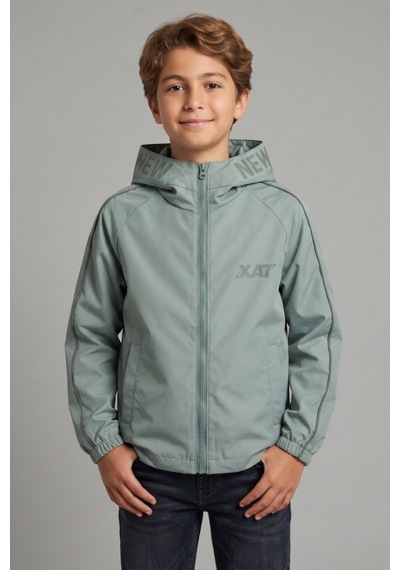Erkek Çocuk Kapüşonlu Kolları Şeritli Baskılı Bondik Kumaş Mevsimlik Mont Mm5011 Mint