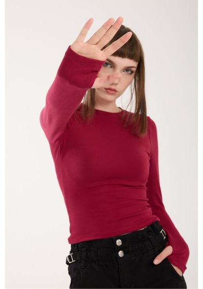 Gugus Kadın Modal/viskon Kumaş Bisiklet Yaka Parmak Geçirmeli Body Bordo