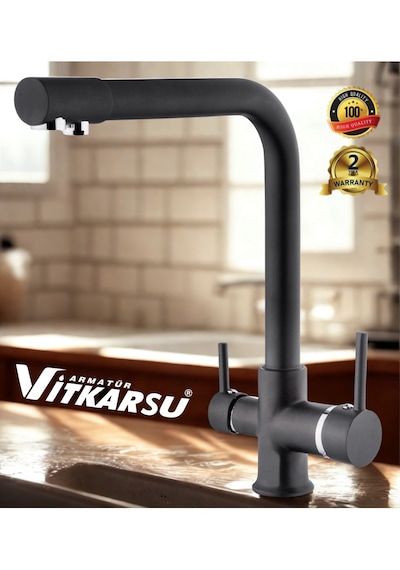 Oval Lüks 3 Yollu Arıtma Çıkışlı Mix Aç-kapa Mutfak Evye Bataryası Siyah