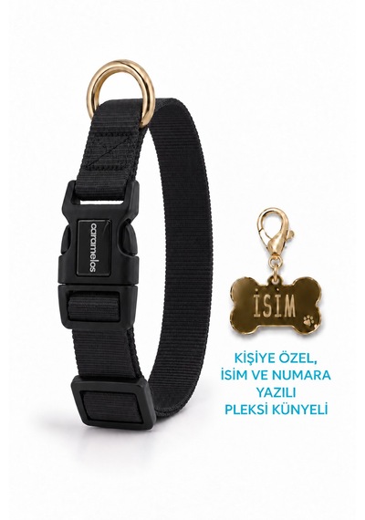 Caramelos İsimli Köpek Tasması, Ayarlanabilir Yavru, Mini, Orta Ve Büyük Irk Köpek Tasması, Siyah