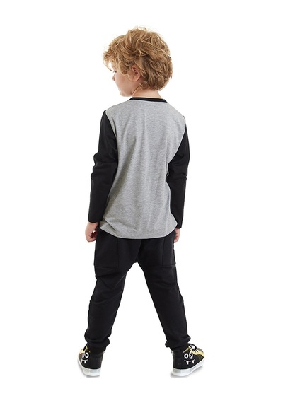 Denokids Çizgili Korsan Erkek Çocuk Gri T-shirt Siyah Pantolon Takım Gri - Siyah