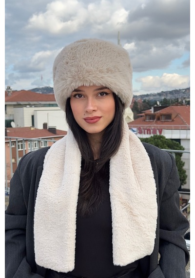 Mollycrush Peluş Rus Tarzı Kalpak Atkı 2'li Set Kadın Kışlık Suni Bej 2'li Takım Bej