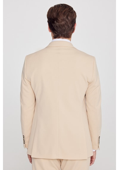 Erkek Bej Slim Fit Dar Kesim Mono Yaka Beli Bağlamalı Kapak Cepli Esnek Takım Elbise Bej