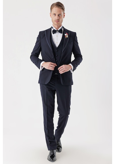 İmza Koyu Lacivert Desenli Armürlü Çıkarılabilir Mono Yaka Yelekli 6 Drop Slim Fit Smokin Damatlık Takım 1001230202-Koyu Lacivert İmza Koyu Lacivert Desenli Armürlü Çıkarılabilir Mono Yaka Yelekli 6 Drop Slim Fit Smokin Damatlık Takım 1001230202-Koyu Lacivert