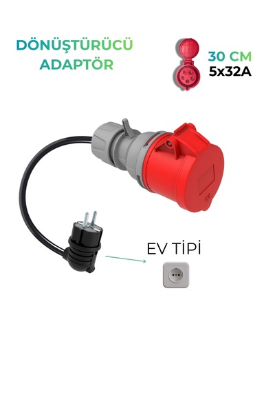 Elektrikli Araç Dönüştürücü Adaptör 5/32a Priz- 1/16a Fiş Boydan Uca 30 Cm Kablo Elektrikli Araç Dönüştürücü