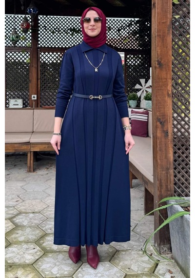 Rabia Şamlı Biricik Kemerli Triko Elbise Lacivert Normal