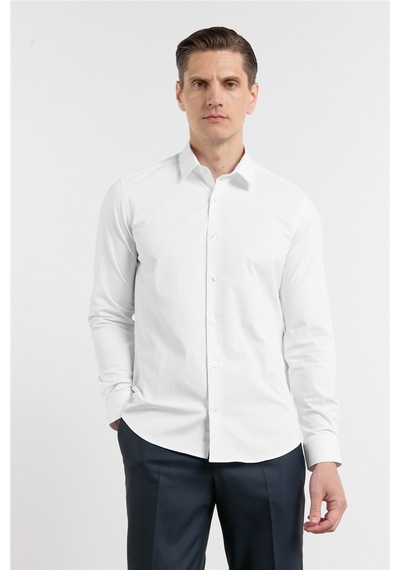 İmza Beyaz Kendinden Desenli Sert Yaka Uzun Kol Cepsiz Slim Fit Pamuklu Gömlek 1004255230