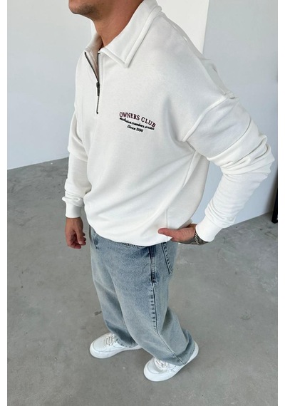 Beyaz Ow Nakış Yarım Fermuarlı Sweatshirt Beyaz