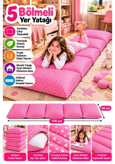Pufi 5 Bölmeli Yer Yatağı 60x170 Cm Çıkarılabilir Yastıklı, Yıkanabilir Kılıflı, Katlanabilir Oyun Ve Misafir Minderi Pembe Pufi 5 Bölmeli Yer Yatağı 60x170 Cm Çıkarılabilir Yastıklı, Yıkanabilir Kılıflı, Katlanabilir Oyun Ve Misafir Minderi Pembe