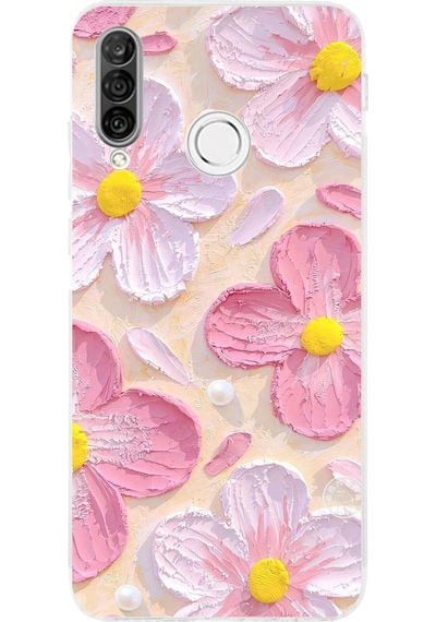 Huawei P30 Lite Uyumlu Pembe Beyaz Çiçekler Sulu Boya Baskılı Silikon Kılıf Renkli