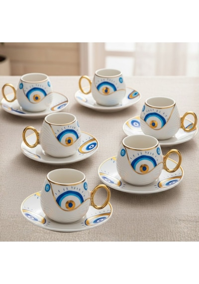 Evil Eye Nazar Boncuğu Desenli 6 Kişilik Porselen Kahve Fincan Takımı Beyaz