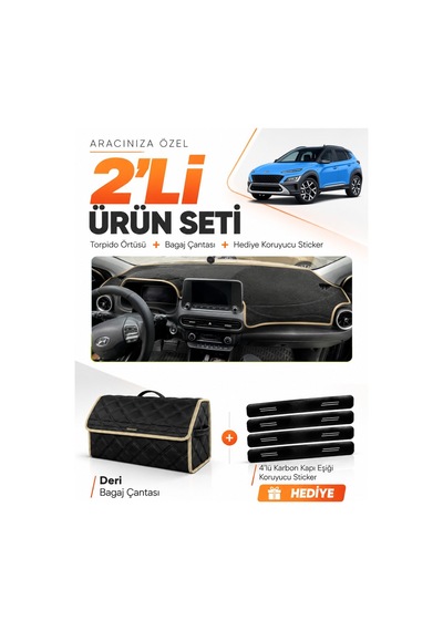 Hyundai Kona 2020-2022 Uyumlu Torpido Örtüsü + Deri Bagaj Çantası + Sticker Seti - Siyah Bej