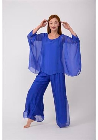 Bohem Stil İtalyan Yarasa Kollu İpek Bluz Saks Mavi