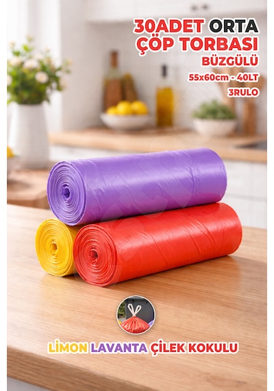 30 Adet Orta Boy Büzgülü Çöp Torbası - Ekstra Sağlam - Limon, Lavanta, Çilek Kokulu - Renkli 55x60