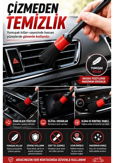 5'li Araba Detay Temizlik Fırçası Set Oto İç Dış Temizlik Hava Kanalı Jant Konsol Temizleme Fırçası