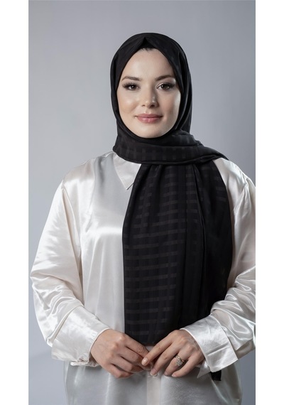 Hürrem Bone Siyah Desenli Şal Şifon Kumaş Kareli Çizgili 202107 01 Siyah