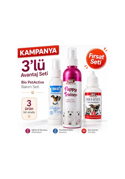 Bio Petactive 3 Lü Köpek Bakım Seti Puppy Trainer Tuvalet Eğitim Spreyi + Köpek Parfümü + Göz Çevresi Leke Temizleyici