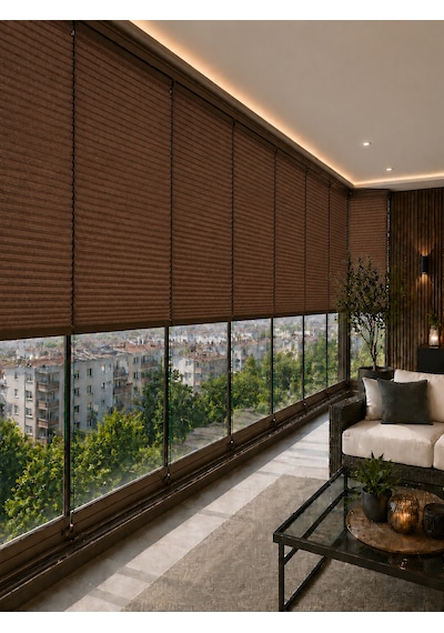 Plise Perde Kahverenk Kumaş + Bronz Profil Kasa Cam Balkon Perdesi