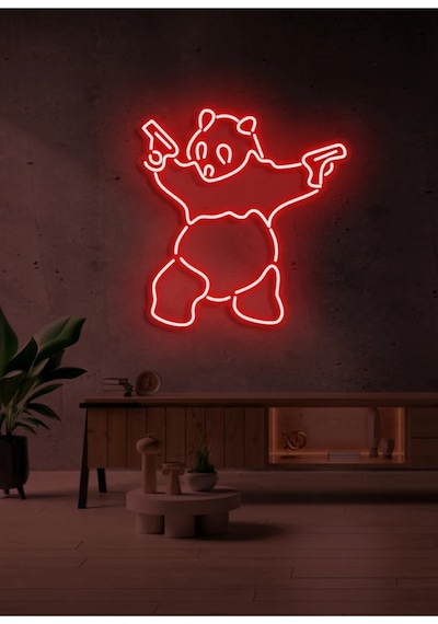 Panda Figürlü Neon Tabela Kırmızı