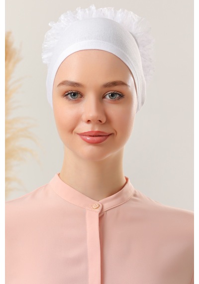 Melodi Scarf Kadın Tesettür Önü Dikişsiz Fırfırlı Penye Bone Beyaz