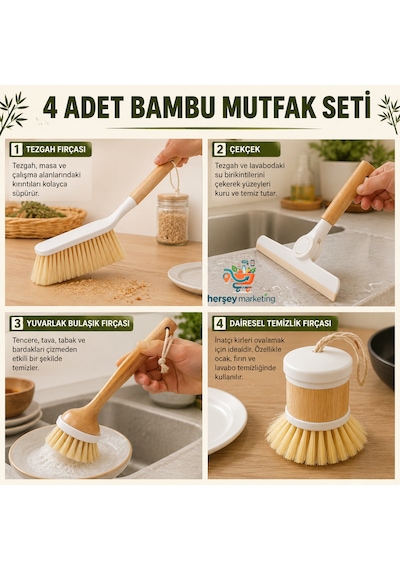 Mutfak Bambu Seti 4 Parça Pratik Temizlik Seti Tabak Yıkama Bardak Yıkama Tezgah Çekçek Süpürge Ahşap Bambu Saplı