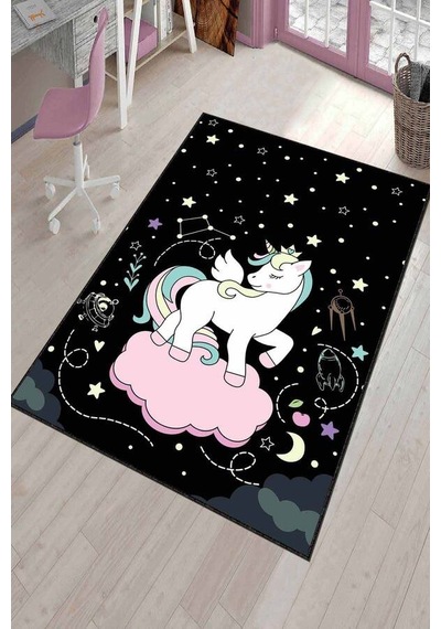Siyah Kaymaz Tabanlı Yıkanabilir Unicorn Çocuk Halısı Ar783n11