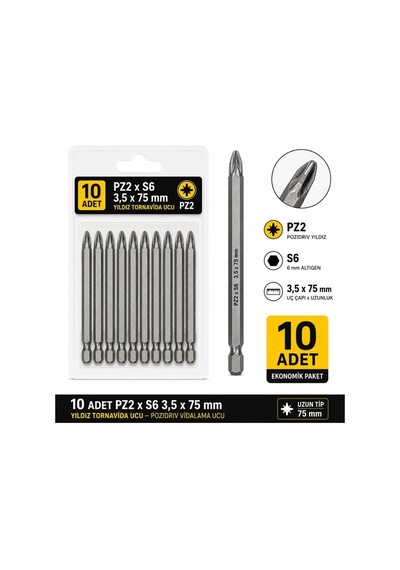 10 Adet Pz2 X S6 3,5 X 75 Mm Yıldız Tornavida Ucu Pozidriv Vidalama Ucu Uzun Tip