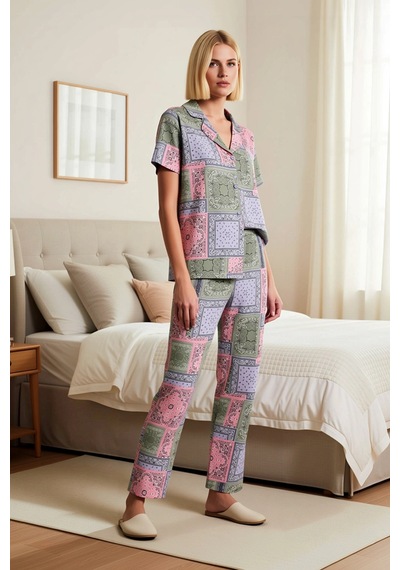 Benerly Kadın Büyük Beden Etnik Desenli Gömlek Yaka Kısa Kollu Pijama Tak Çok renkli