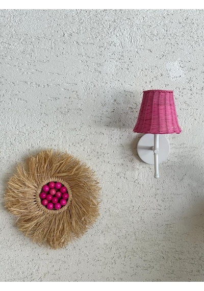 Pembe Rattan Kablosuz Pilli Duvar Aydınlatması Aplik - Alt Beyaz Pembe