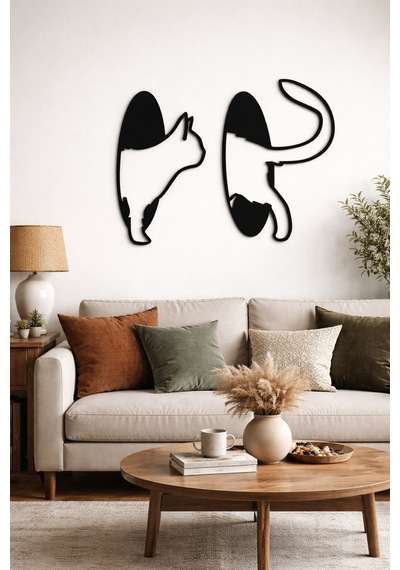 Kedi Figürlü Mdf Duvar Dekoru 2 Li Set Modern Siyah Minimal Kedi Tablosu Siyah