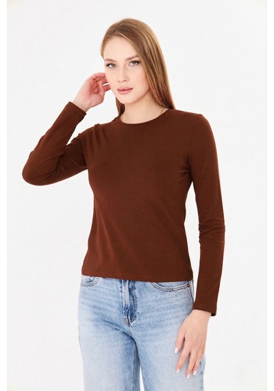 Sortie Collection Bisiklet Yaka Pamuklu Uzun Kollu Basic Penye Tişört Bluz Kahverengi