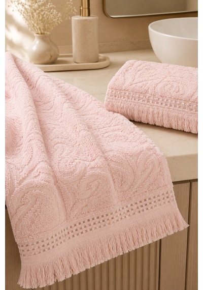 Paisley Desenli Saçaklı 2 Li Baş Ve Banyo Havlusu Seti 50x90 + 90x150 Cm - Pudra