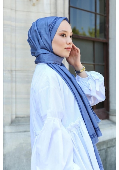 Premium Lux Original Monogram Şal İpek Vual, Yüksek Kalite, Hafif, Rahat, Şık, Tesettür, Shawl Mavi - Siyah