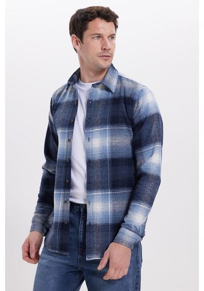 Tudors Erkek Slim Fit Dar Kesim Kareli Kışlık Oduncu Gömlek-42197 Mavi