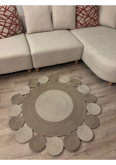 Mavaux Taş Kırçıllı Jüt Hasırlı Kırçıllı El Örgüsü Kilim Halı Hasır Yuvarlak Taş