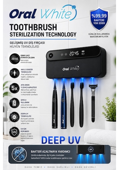 Oral White Professional Series 3100 Gerçek Uv-c Diş Fırçası Sterilizasyon Cihazı - Akıllı Sensörlü Siyah