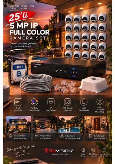 Go Vision 25'li Güvenlik Dome Ip Kamera Seti - 5mp Dome Kamera, 3.6mm Lens, H.265, Poe, Warm Led Gece Görüşlü